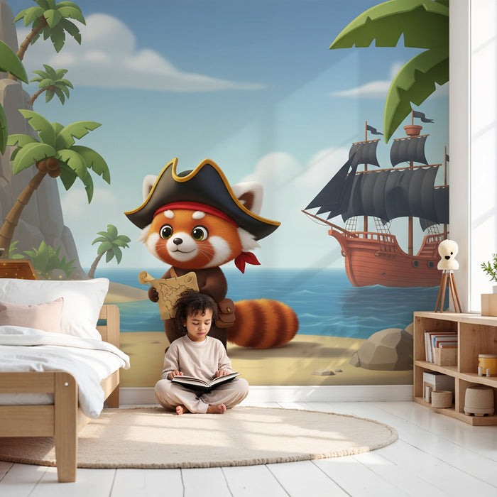 Detská izba tapeta | Malý pirátsky panda hľadajúci poklady