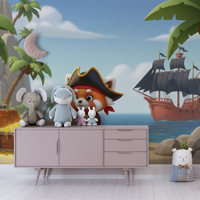 Kids room wallpaper | Little pirate panda searching for treasures