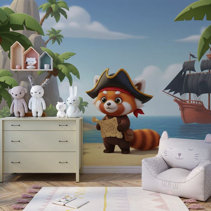 Kids room wallpaper | Little pirate panda searching for treasures