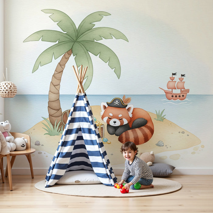 Kids room wallpaper | Little red panda pirate on a treasure island