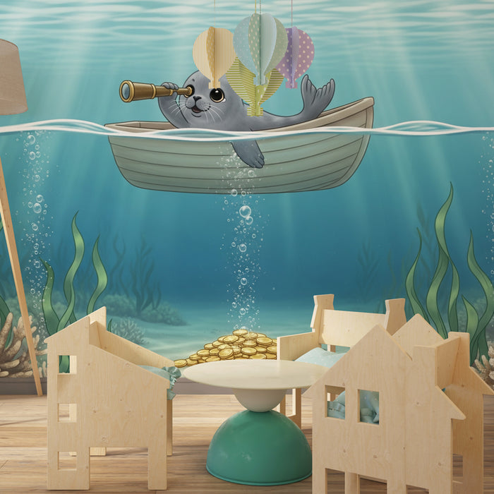 Kinderkamer behang | Kleine avontuurlijke zeehond onderwater