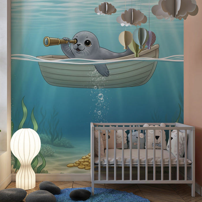 Kinderkamer behang | Kleine avontuurlijke zeehond onderwater