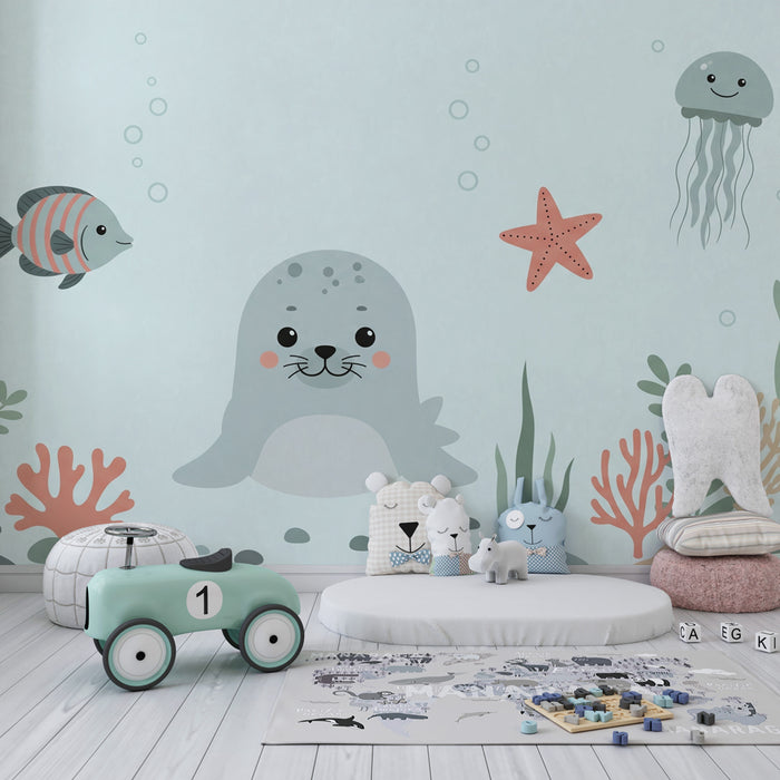 Kinderzimmer Tapete | Kleiner Seehund und Meeresfreunde