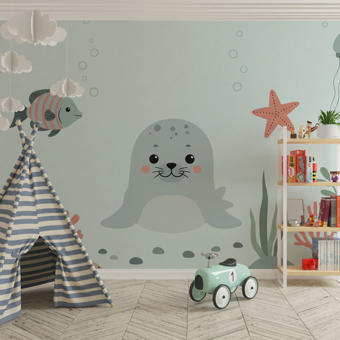Kinderzimmer Tapete | Kleiner Seehund und Meeresfreunde