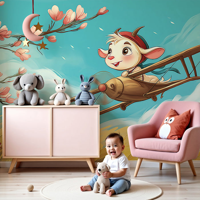Kinderkamer behang | Kleine piloot in een bloemige lucht