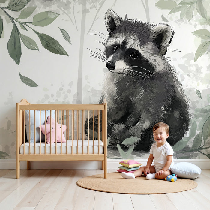 Papel pintado infantil | Pequeño mapache en el bosque