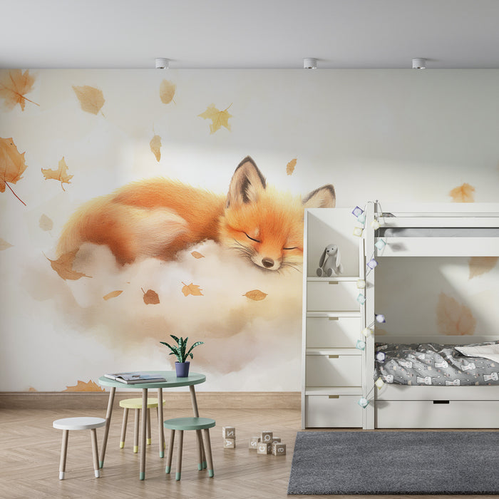 Kinderkamer behang | Slapende kleine vos in herfstbladeren