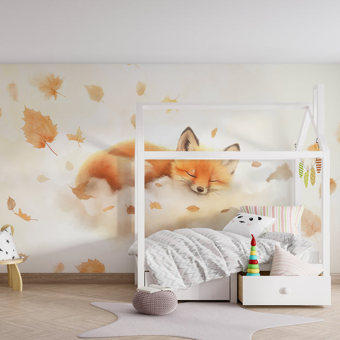 Kinderkamer behang | Slapende kleine vos in herfstbladeren