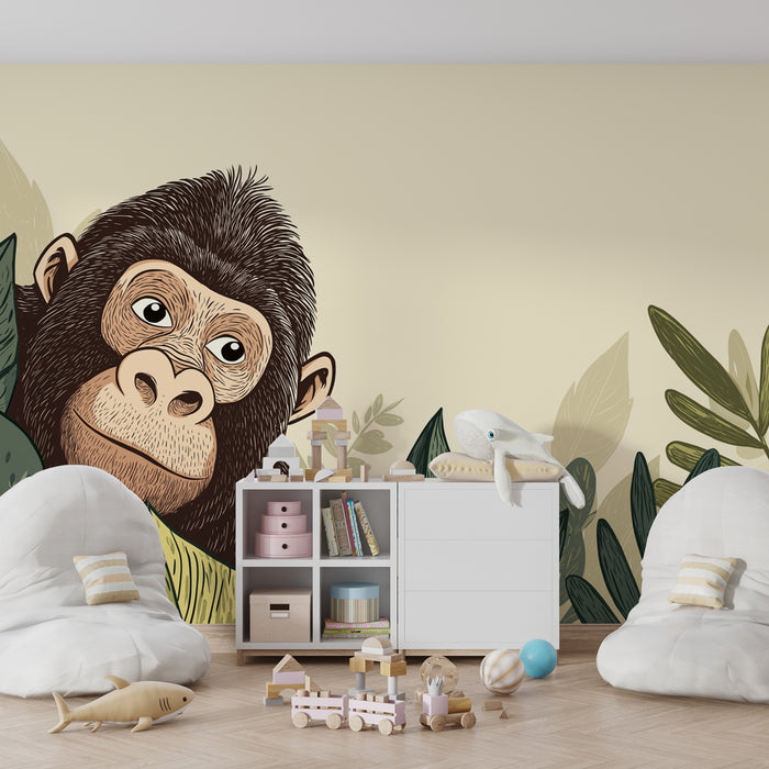 Papel de parede criança | Pequeno macaco curioso no meio das folhas