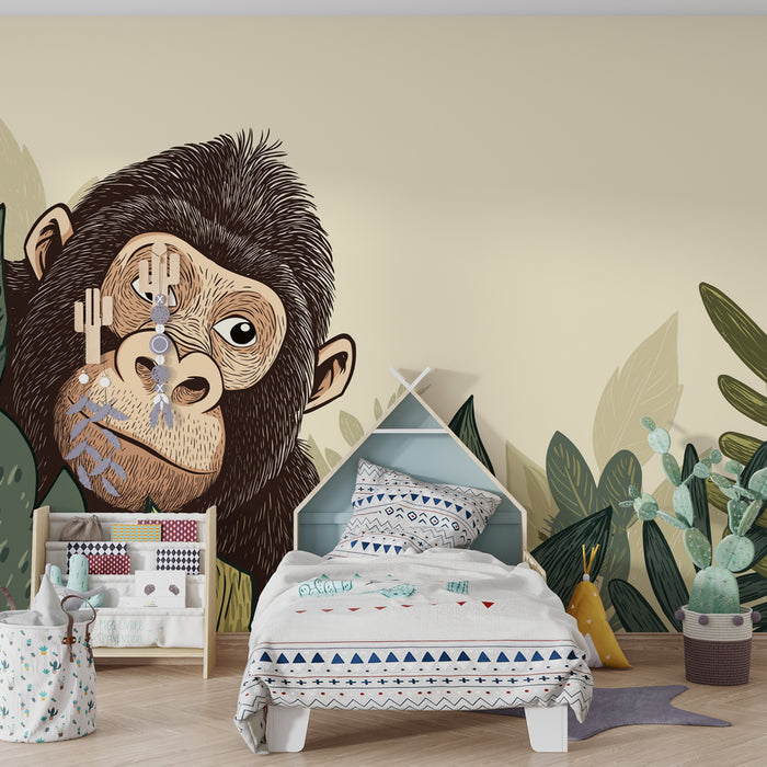 Papel de parede criança | Pequeno macaco curioso no meio das folhas