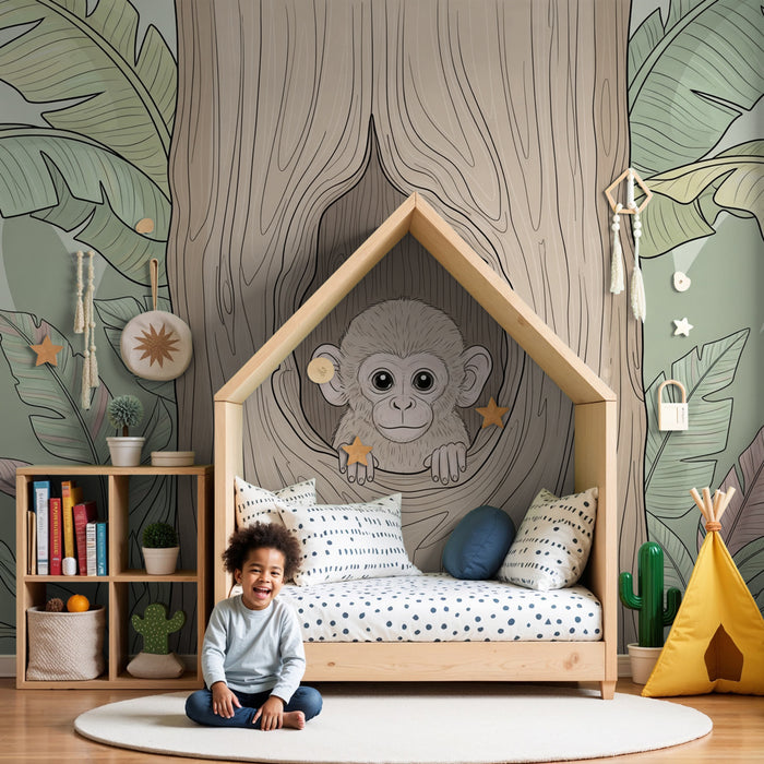 Kinderkamer behang | Nieuwsgierige kleine aap in een boom