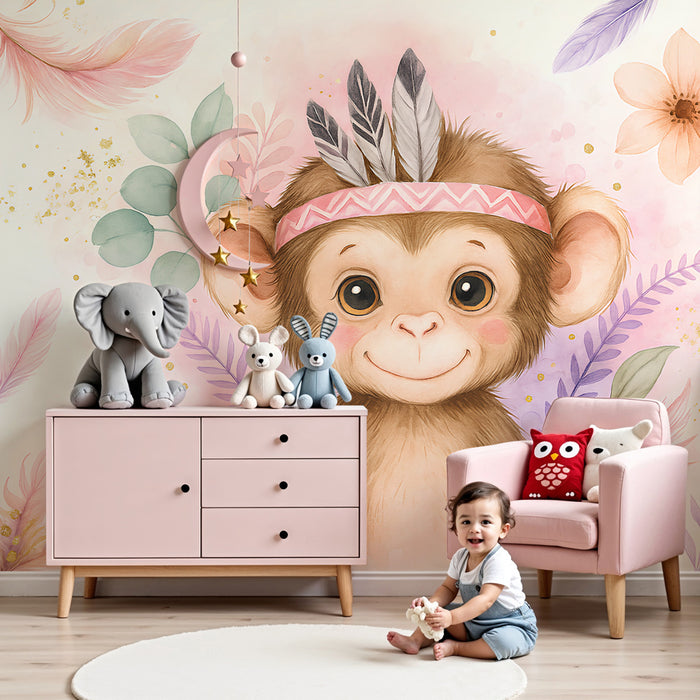 Kinderkamer behang | Blije kleine aap en bloemmotieven