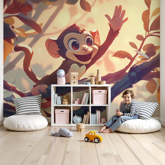 Papier peint chambre enfant | Petit singe joyeux dans la jungle