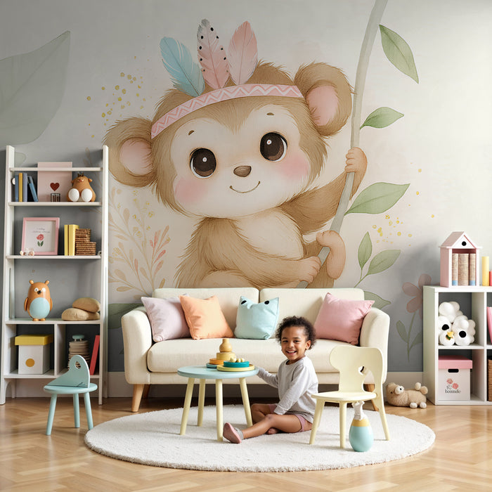 Papel pintado infantil | Lindo mono y flores