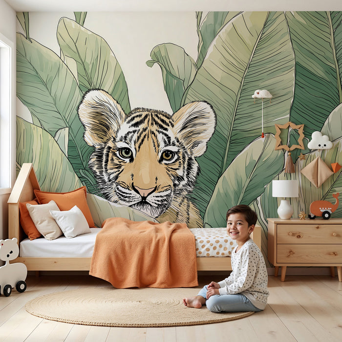 Papier peint chambre enfant | Petit tigre caché dans la jungle