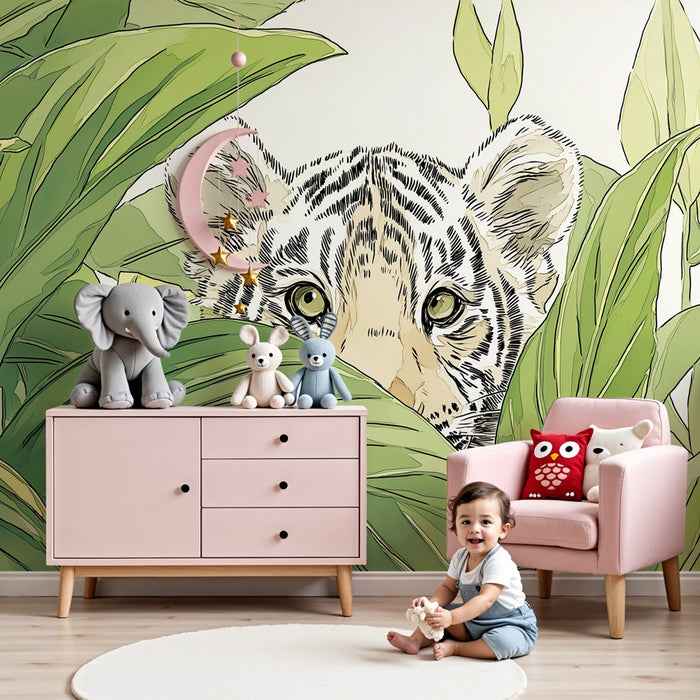 Kids room wallpaper | Little tiger hidden in the jungle