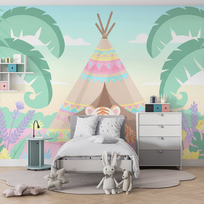 Kids room wallpaper | Little tiger and colorful teepee