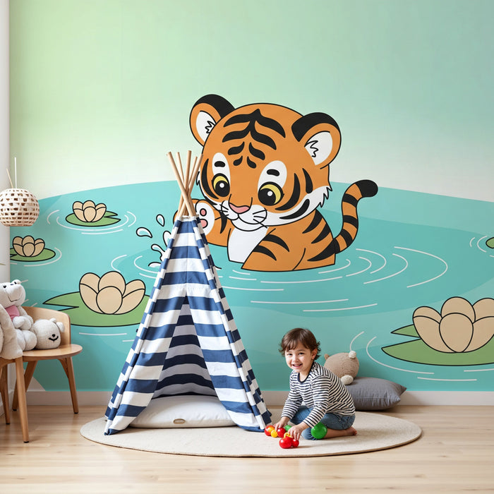 Papel pintado infantil | Pequeño tigre jugando en el agua