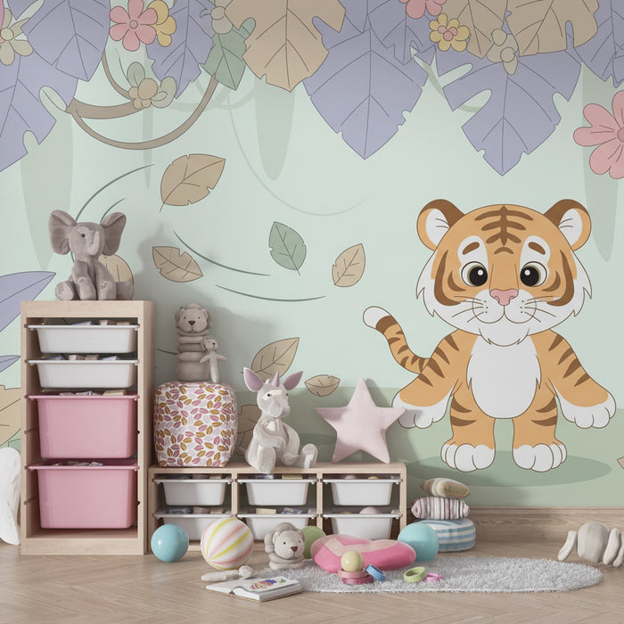 Papier peint chambre enfant | Petit tigre joyeux dans la jungle