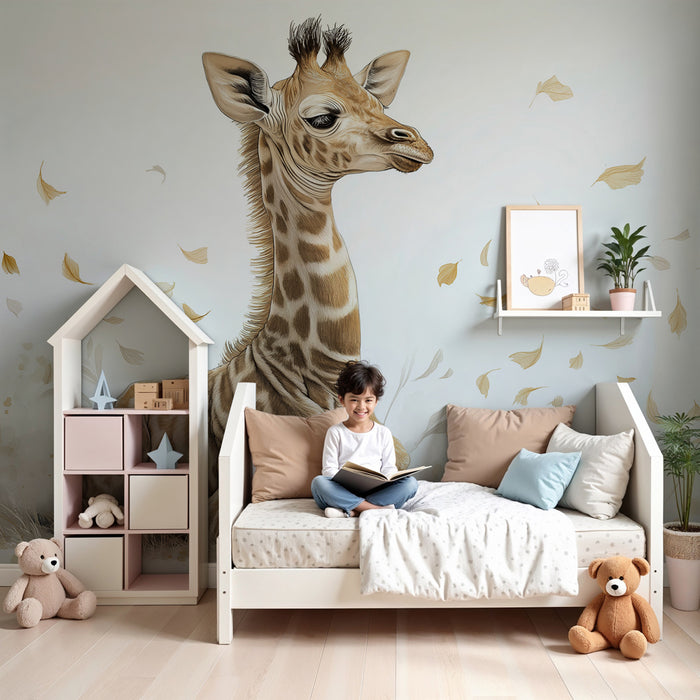 Papel de parede criança | Pequena girafa no meio das folhas