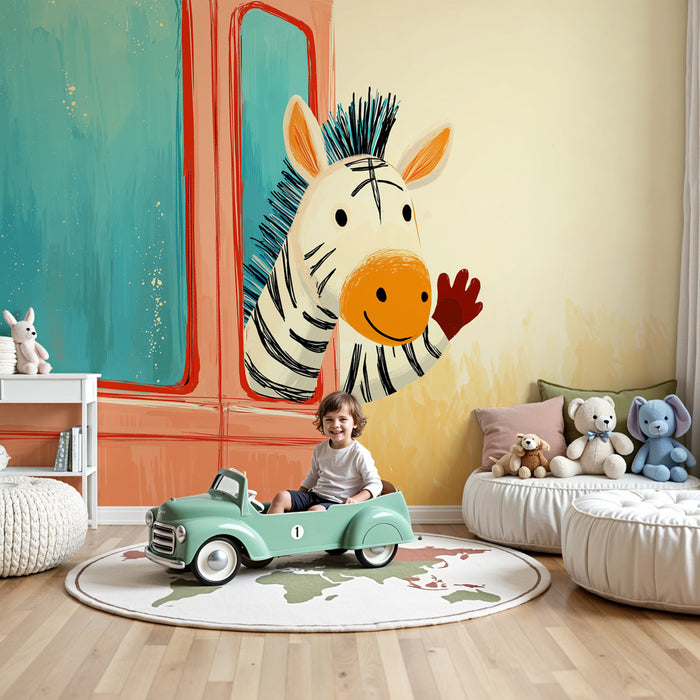 Papier de parede dječje sobe | Mali zebra u automobilu
