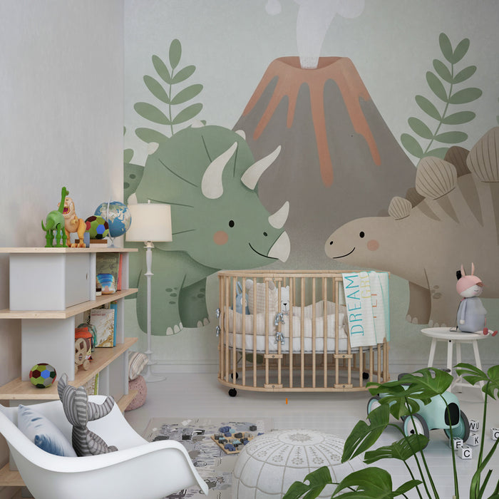Kinderzimmer Tapete | Kleine Dinosaurier und Vulkan