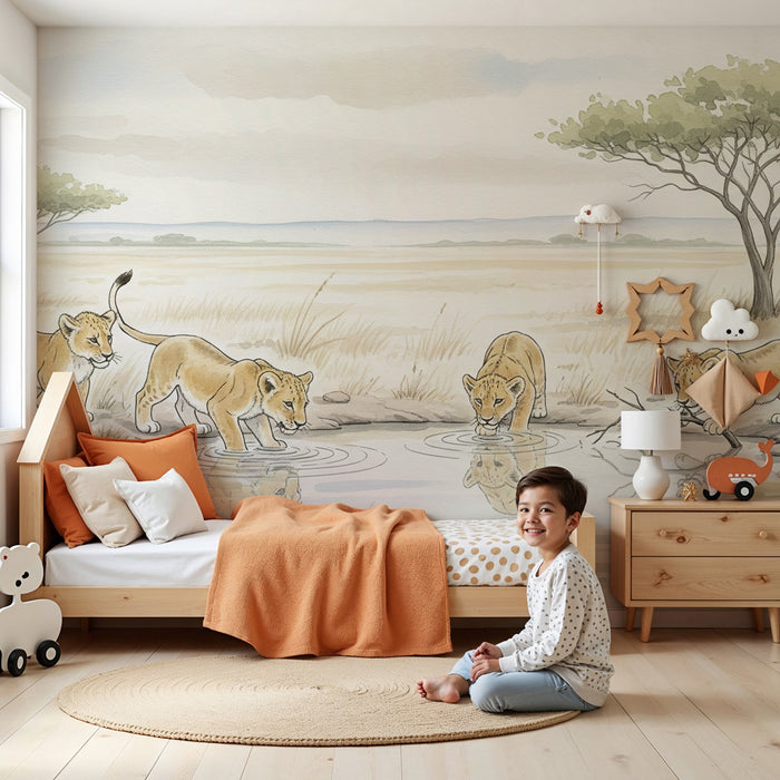 Papier peint chambre enfant | Petits lions dans la savane