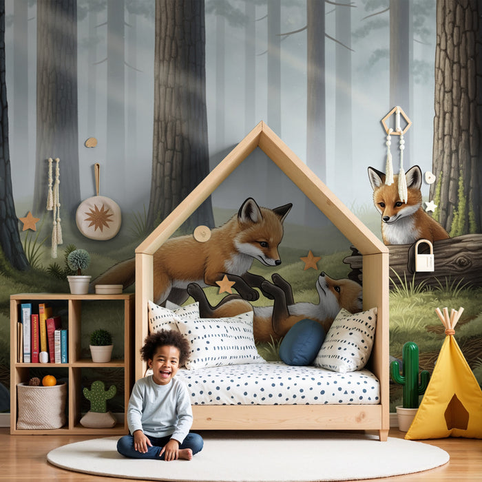 Papier peint chambre enfant | Petits renards dans la forêt