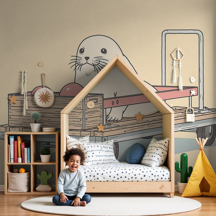 Kids room wallpaper | Fun seal on cart