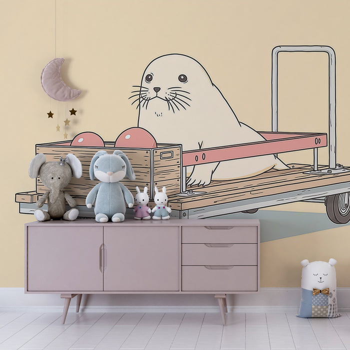 Kids room wallpaper | Fun seal on cart