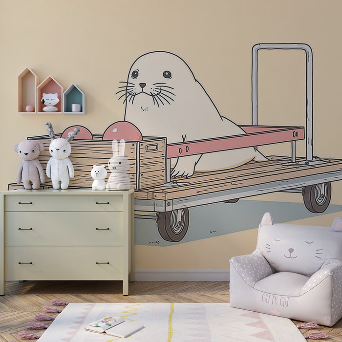Kids room wallpaper | Fun seal on cart