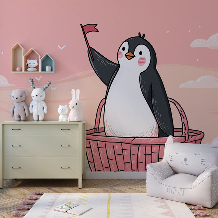 Papel de parede criança | Aventureiro pinguim na cesta dele