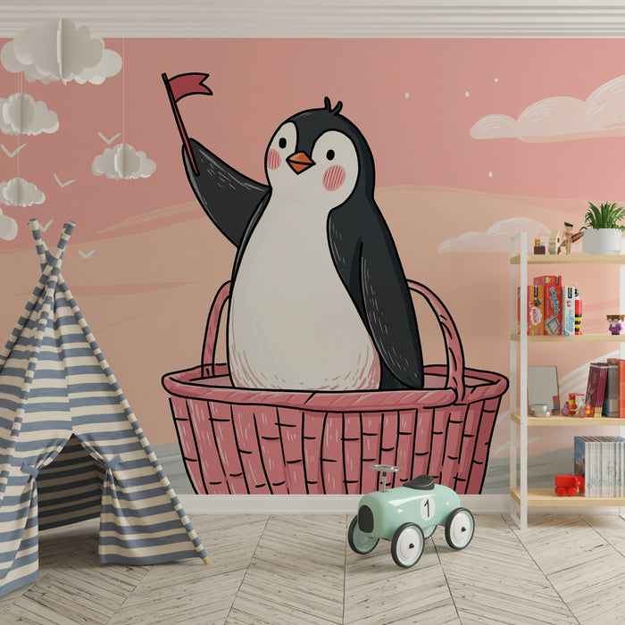 Papel de parede criança | Aventureiro pinguim na cesta dele