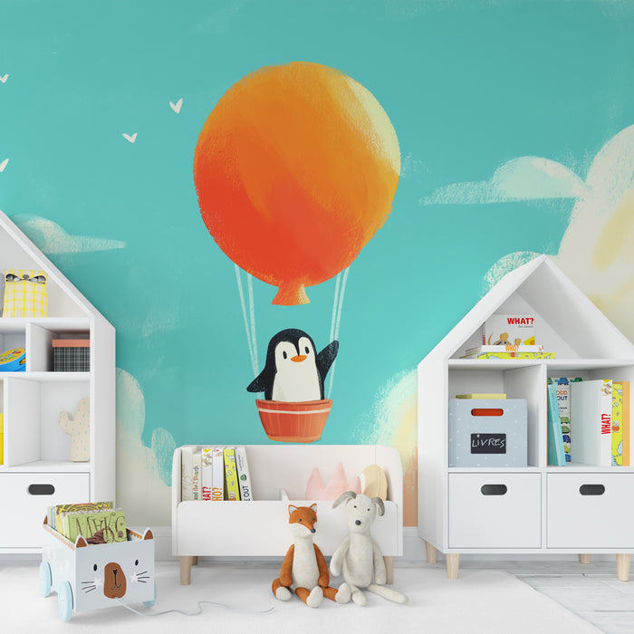 Barntapet | Pingvin i luftballong i en drömhimmel
