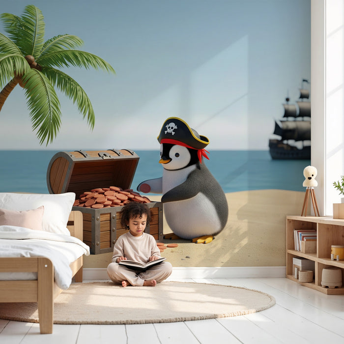 Papel de parede criança | Pirata pinguim em uma praia ensolarada