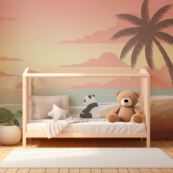 Kids room wallpaper | Tropical beach with panda and turtle