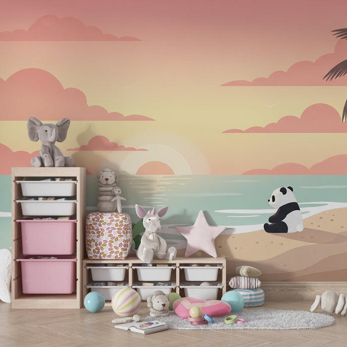 Kids room wallpaper | Tropical beach with panda and turtle