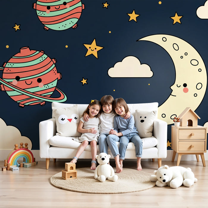 Papel de parede criança | Planetas felizes e céu estrelado