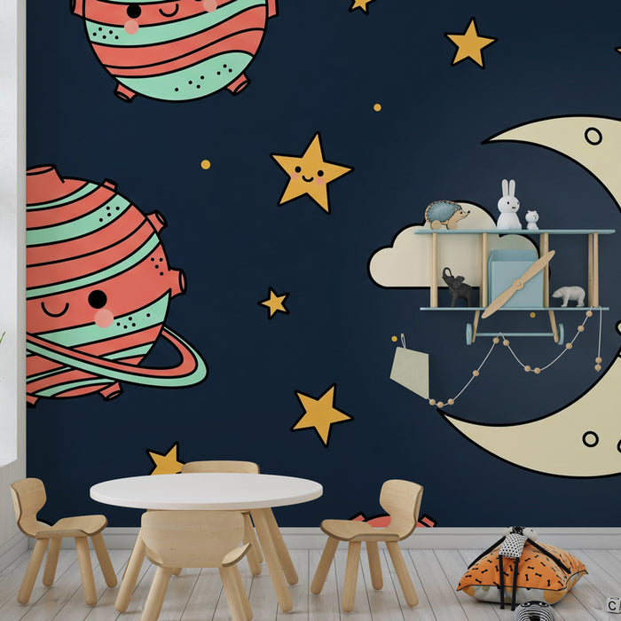 Papier peint chambre enfant | Planètes joyeuses et ciel étoilé