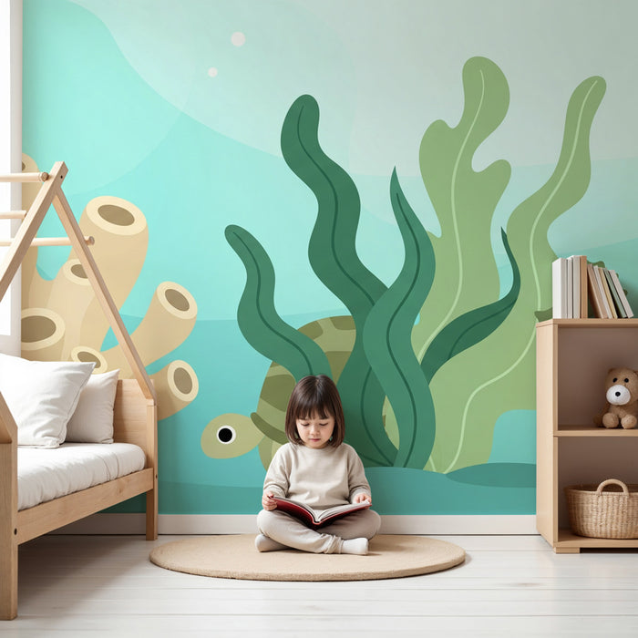Papel pintado infantil | Buceo submarino con tortuga y caballito de mar