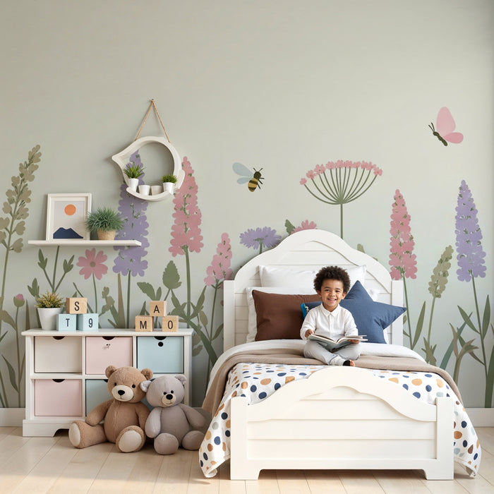 Papier peint chambre enfant | Prairie fleurie et insectes colorés
