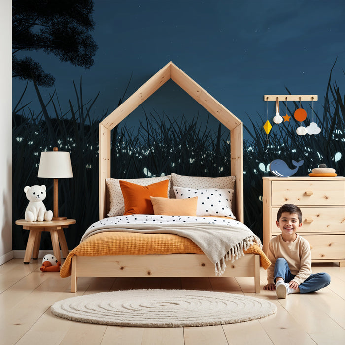 Papel pintado infantil | Pradera nocturna con luciérnagas brillantes