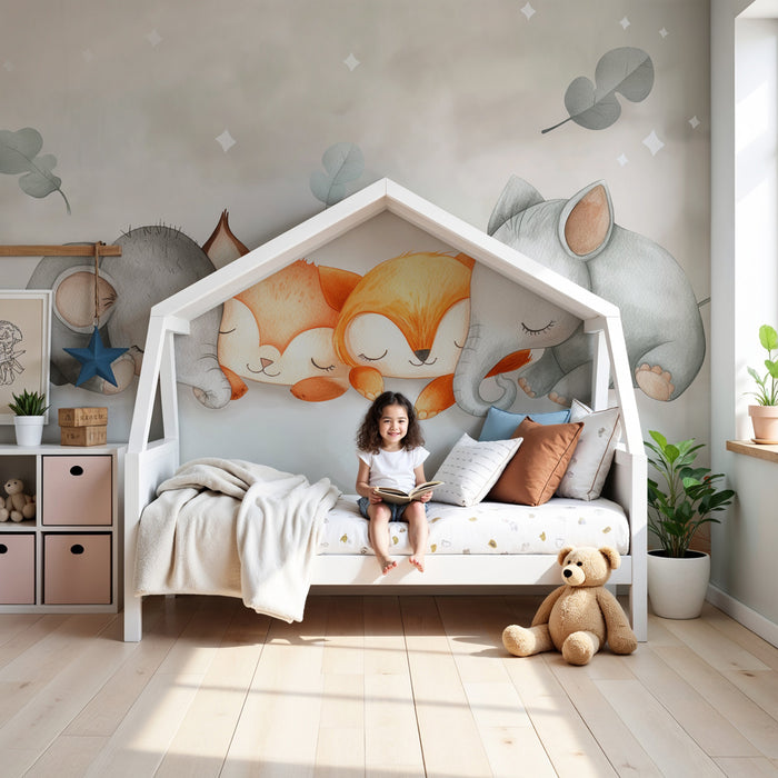 Papel pintado infantil | Cuatro animales dormidos en una nube