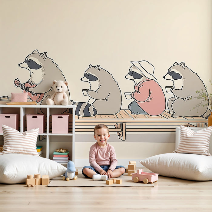 Papel pintado infantil | Mapaches músicos en armonía