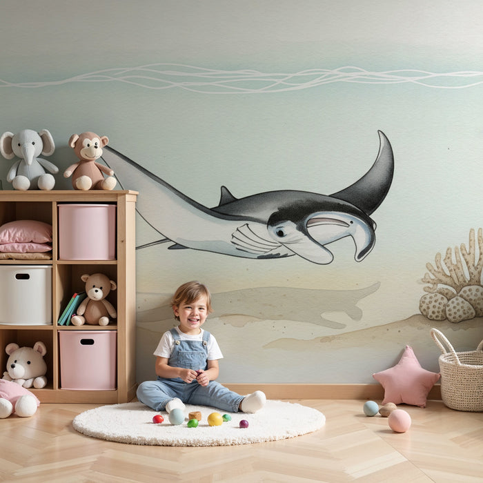 Papier peint chambre enfant | Raie manta dans son habitat marin