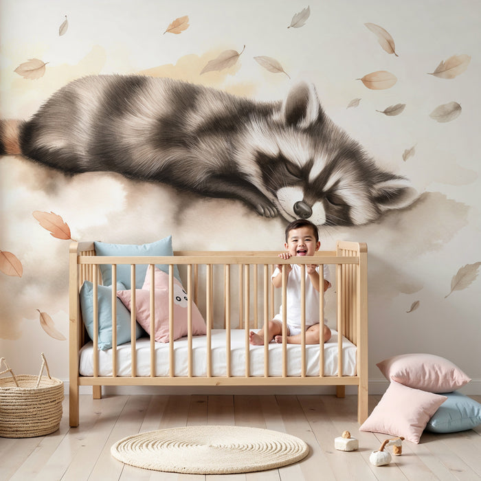Papel pintado infantil | Mapache durmiendo en medio de las hojas