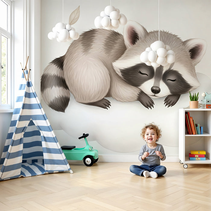 Papier peint chambre enfant | Raton laveur endormi sur un nuage