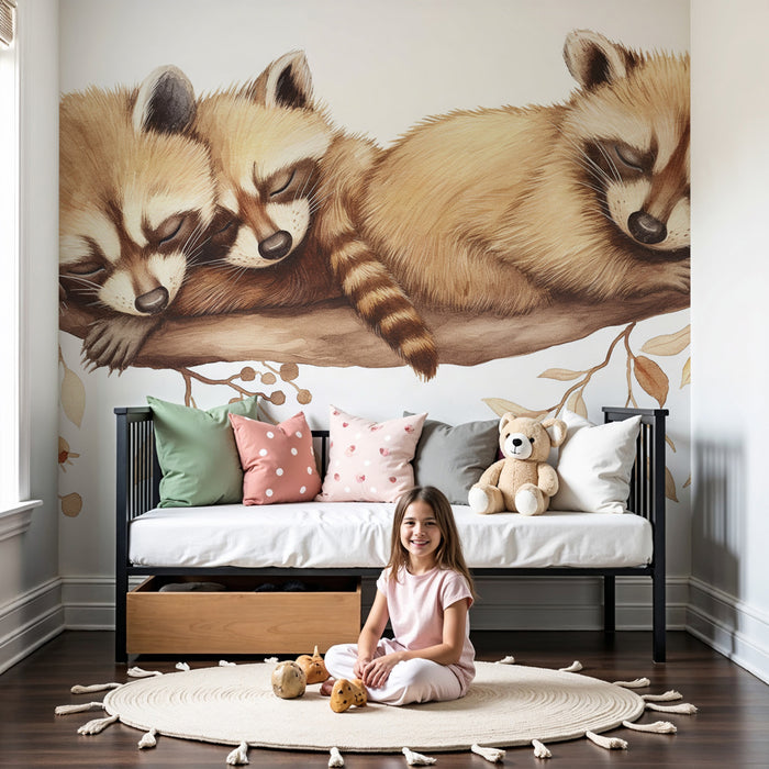 Papel pintado infantil | Mapache durmiendo en una rama