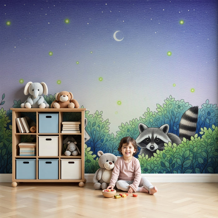 Papel pintado infantil | Mapache lavando bajo un cielo estrellado