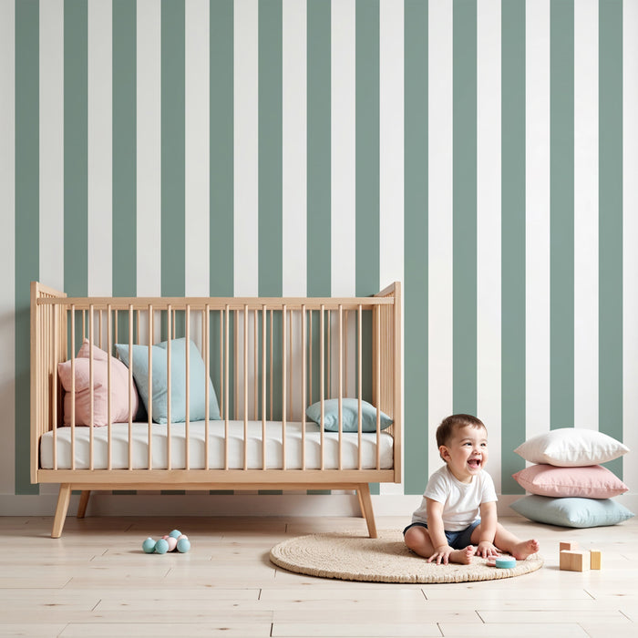 Papel pintado infantil | Rayas verde salvia